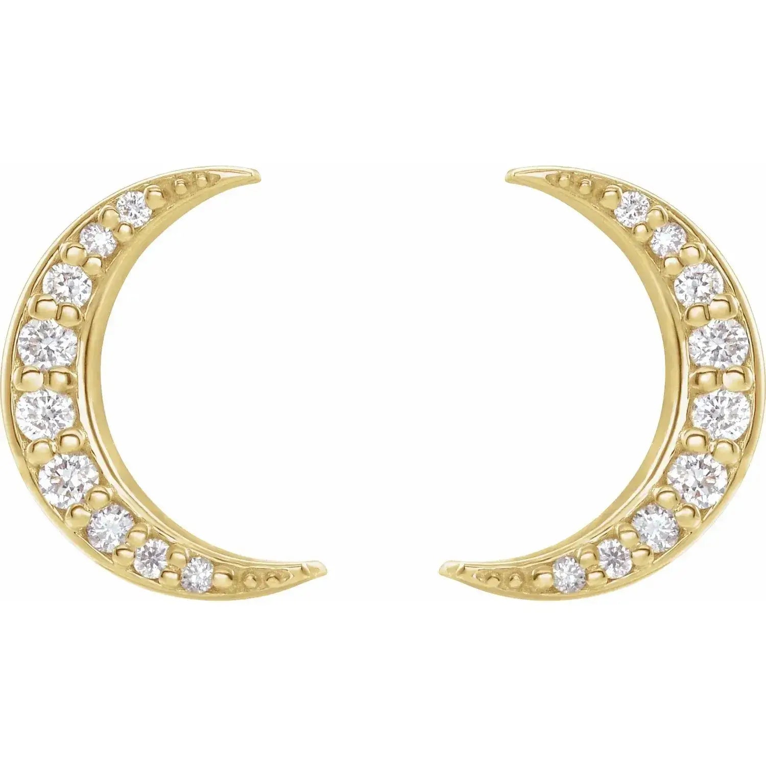 Diamond crescent moon earrings in 14K yellow gold, featuring natural diamonds in a celestial design. Elegant and timeless jewelry for any occasion.