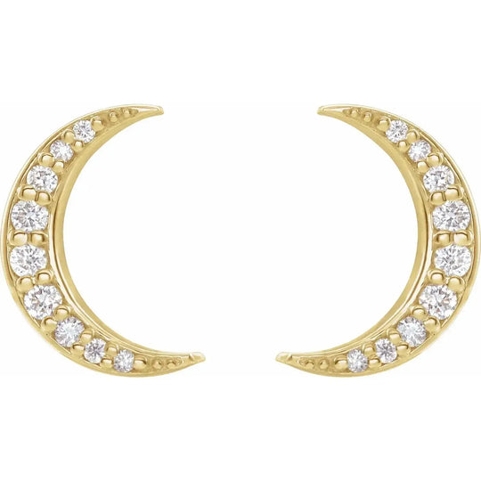 Diamond crescent moon earrings in 14K yellow gold, featuring natural diamonds in a celestial design. Elegant and timeless jewelry for any occasion.