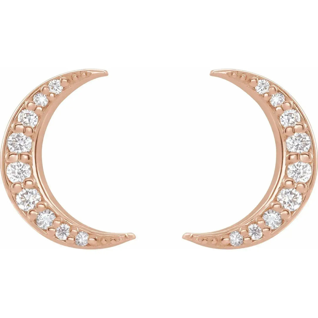 14K rose gold diamond crescent moon earrings with a celestial-inspired design. A luxurious and delicate jewelry piece for everyday elegance.