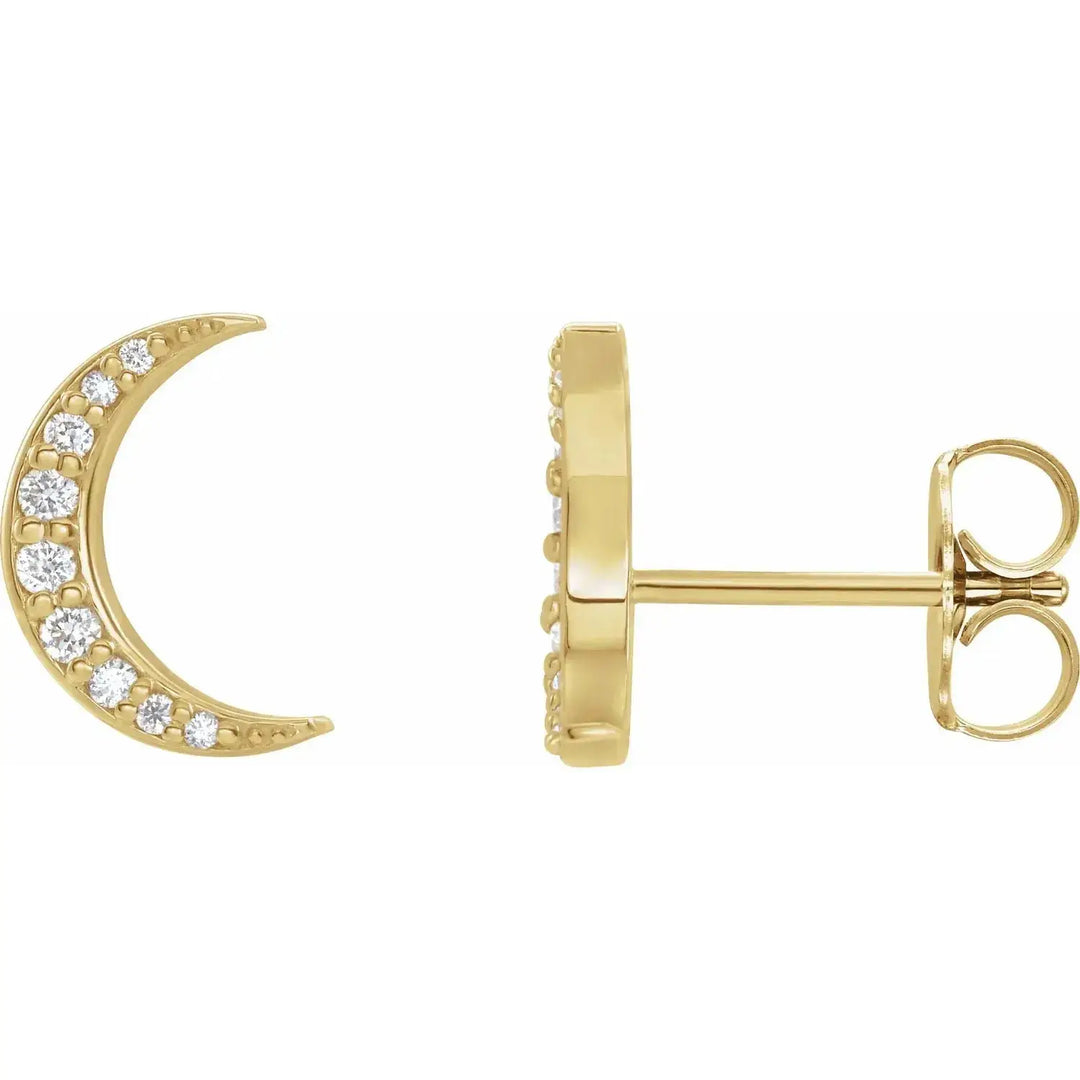 Side and front view of 14K gold diamond crescent moon earrings with secure stud backing. A celestial-inspired jewelry piece with sparkling diamonds.