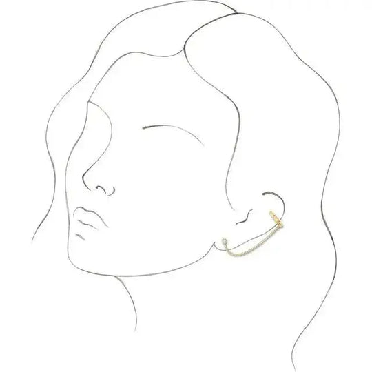 Illustration of a diamond ear cuff with chain worn on the ear, showcasing its modern and elegant design in 14K gold with a natural diamond accent.