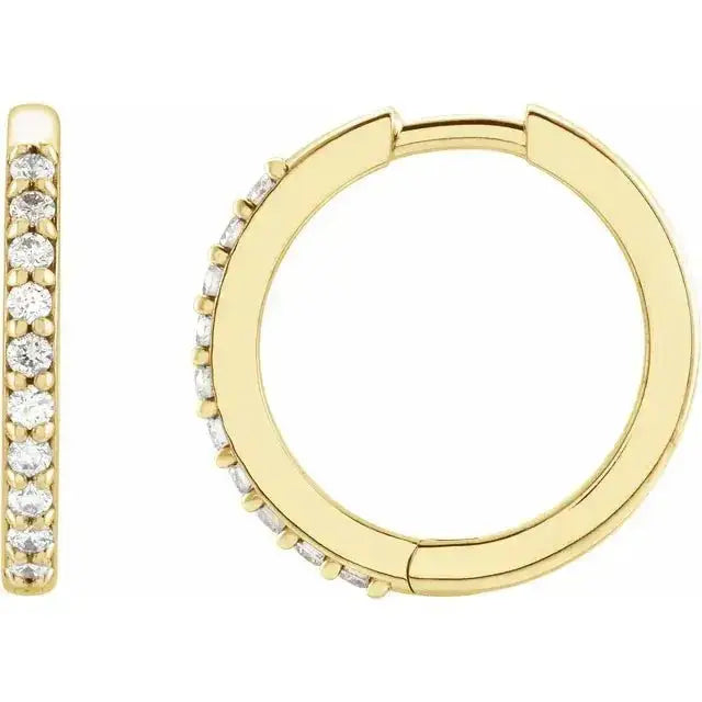 Close-up photo of 15mm gold diamond hoop earrings with lab-grown diamonds, handcrafted in NYC.