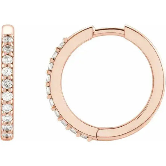 Diamond Hoop Earrings – 15mm Rose Gold with natural diamonds set in 14K rose gold. A chic and elegant addition to any jewelry collection.