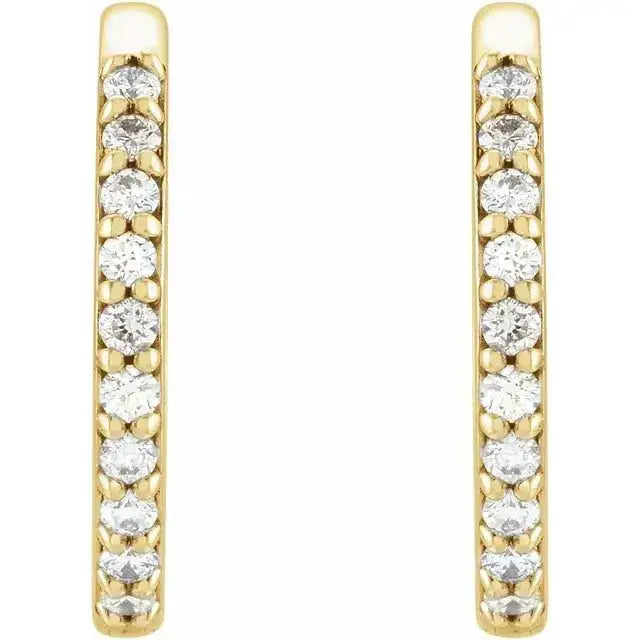 Front view of Diamond Hoop Earrings – 15mm Gold showcasing a row of sparkling natural diamonds set in 14K gold. A luxurious and stylish accessory.