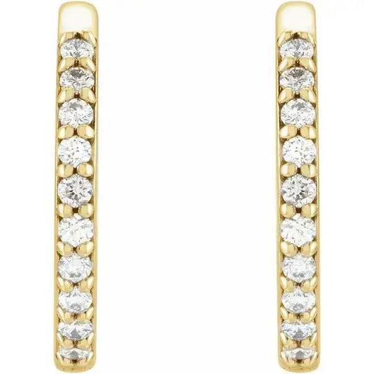 Front view of Diamond Hoop Earrings – 15mm Gold showcasing a row of sparkling natural diamonds set in 14K gold. A luxurious and stylish accessory.