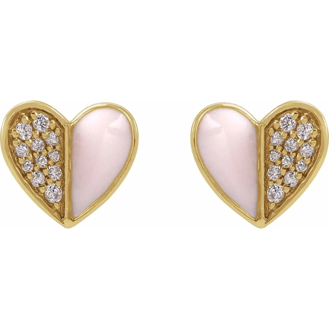 Diamond pink enamel heart earrings in 14K gold