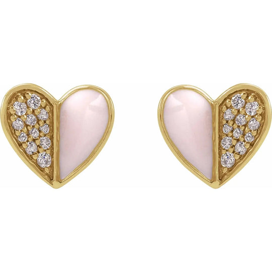 Diamond pink enamel heart earrings in 14K gold