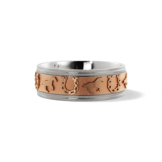 Men’s wedding ring with horseshoe motif in 14K white and rose gold