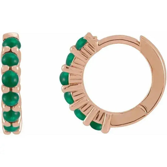 Emerald cabochon hoop earrings in 14K rose gold, adorned with vivid green gemstones for a warm and elegant jewelry statement.