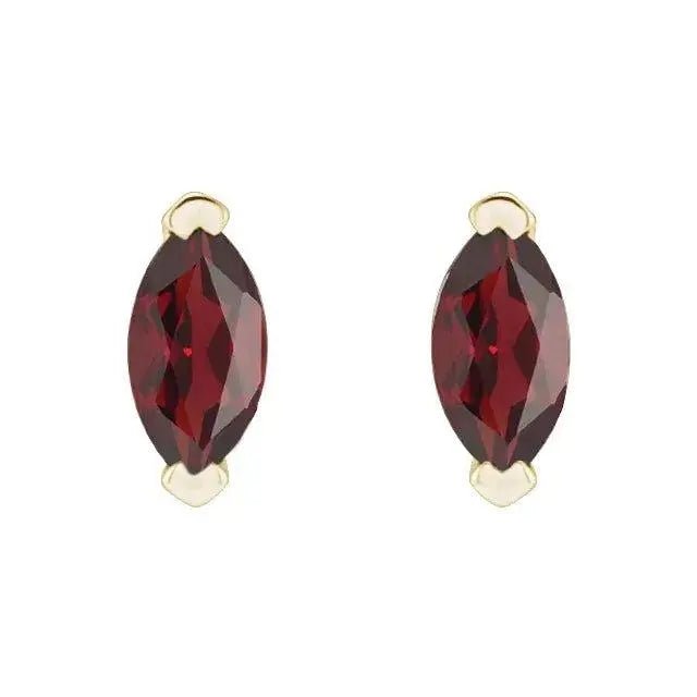 Handcrafted marquise garnet earrings in deep red hues, set in 14K gold