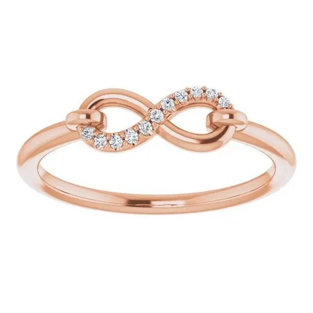 Elegant 14K Rose Gold Infinity Lock Ring displayed in a luxury jewelry box.