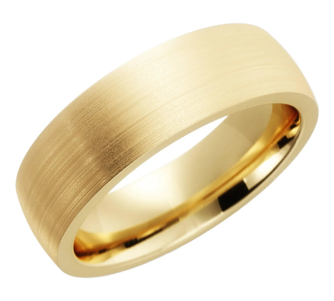 14k gold wedding band with satin finish, comfort fit design, and free engraving.