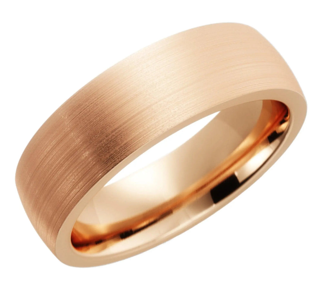 Rose gold satin finish wedding band for men and women, 5mm width.