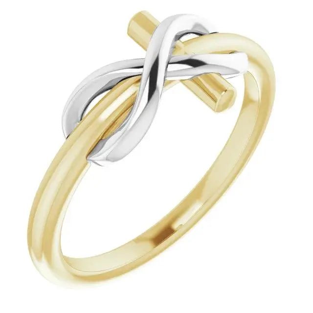 Luxurious 14K Gold Infinity Cross Ring with a minimalist design.