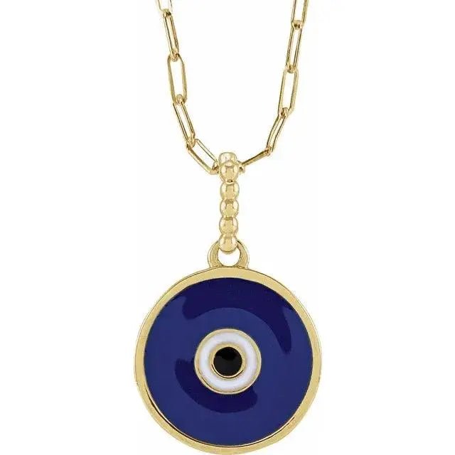 Elegant 18-inch 14K gold evil eye necklace featuring a deep blue enamel pendant for timeless protection and style.