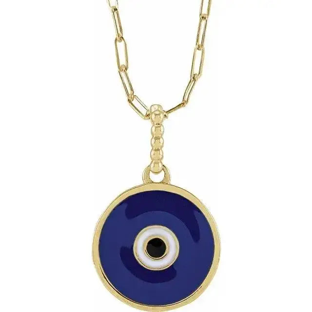 Close-up photo of 14K gold evil eye necklace with minimalist stone-free design, handcrafted in NYC.