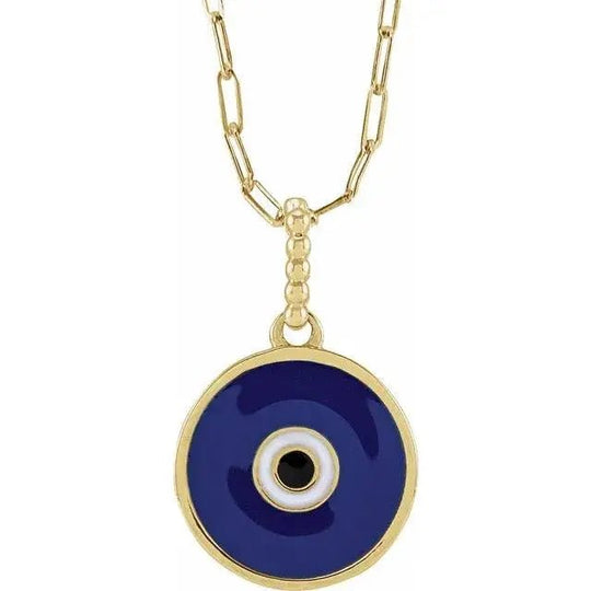 Elegant 18-inch 14K gold evil eye necklace featuring a deep blue enamel pendant for timeless protection and style.