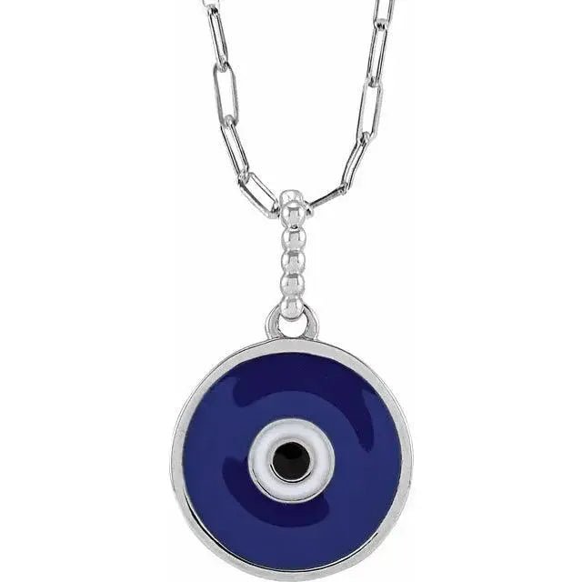 White gold evil eye necklace with an 18-inch chain and deep blue enamel pendant, offering a modern take on a timeless symbol.