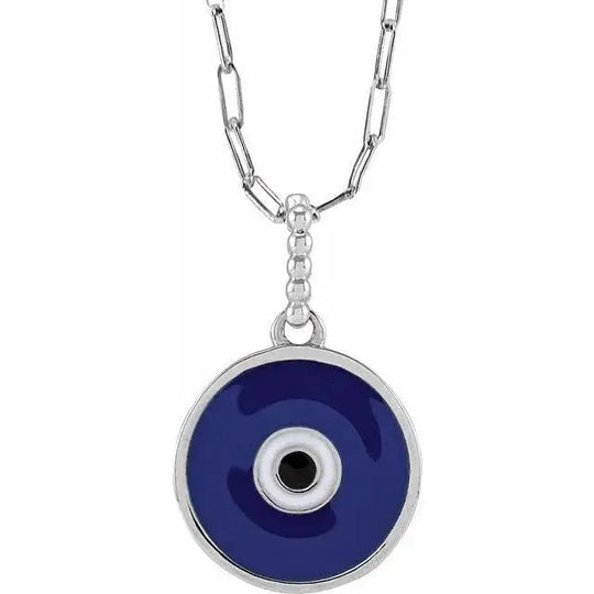 White gold evil eye necklace with an 18-inch chain and deep blue enamel pendant, offering a modern take on a timeless symbol.