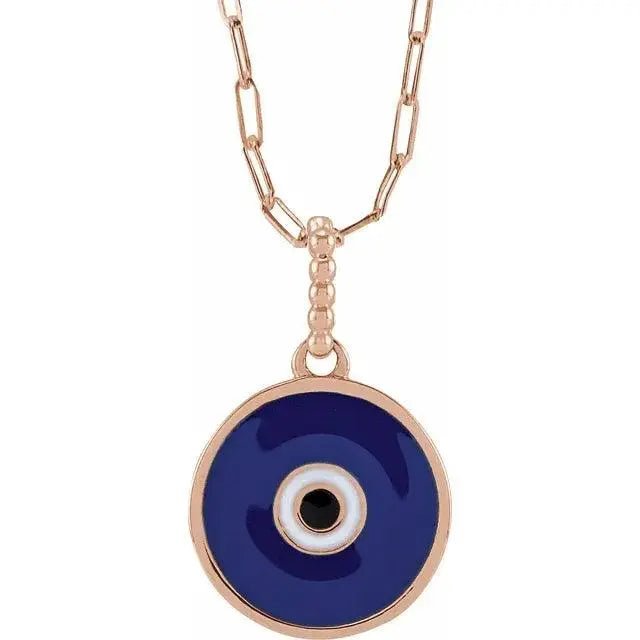 Rose gold 18-inch evil eye necklace with a striking blue enamel pendant, blending spiritual symbolism with elegance.