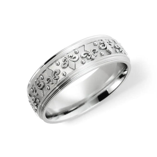 Fleur-de-lis wedding ring in 14K white gold 6mm