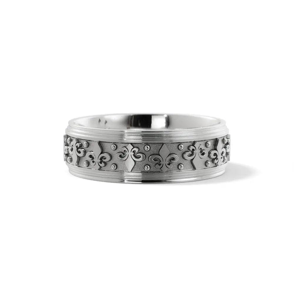 Elegant white gold 6mm wedding band with fleur-de-lis motif