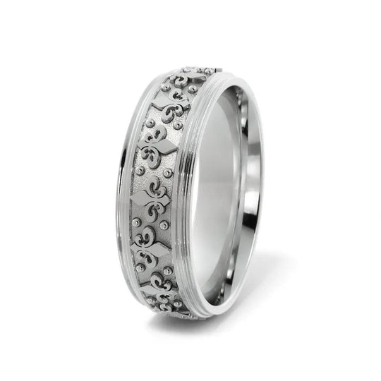 Intricate fleur-de-lis wedding ring for men and women in white gold