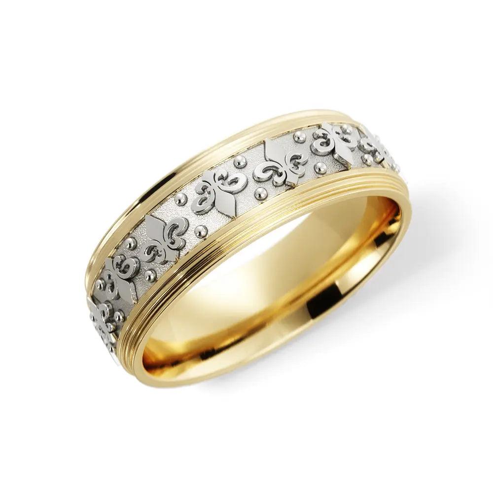 Fleur-de-lis wedding ring in 14K yellow and white gold 6mm