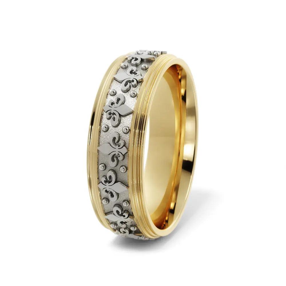 Two-tone 6mm wedding band with fleur-de-lis motif in yellow and white gold