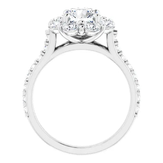 Unique flower-inspired engagement ring with round-cut diamonds.