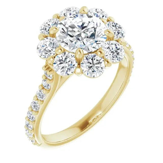 Side view of flower engagement ring highlighting intricate petal details.