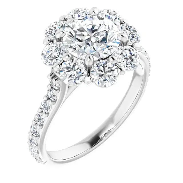 Elegant diamond flower engagement ring available in white gold.