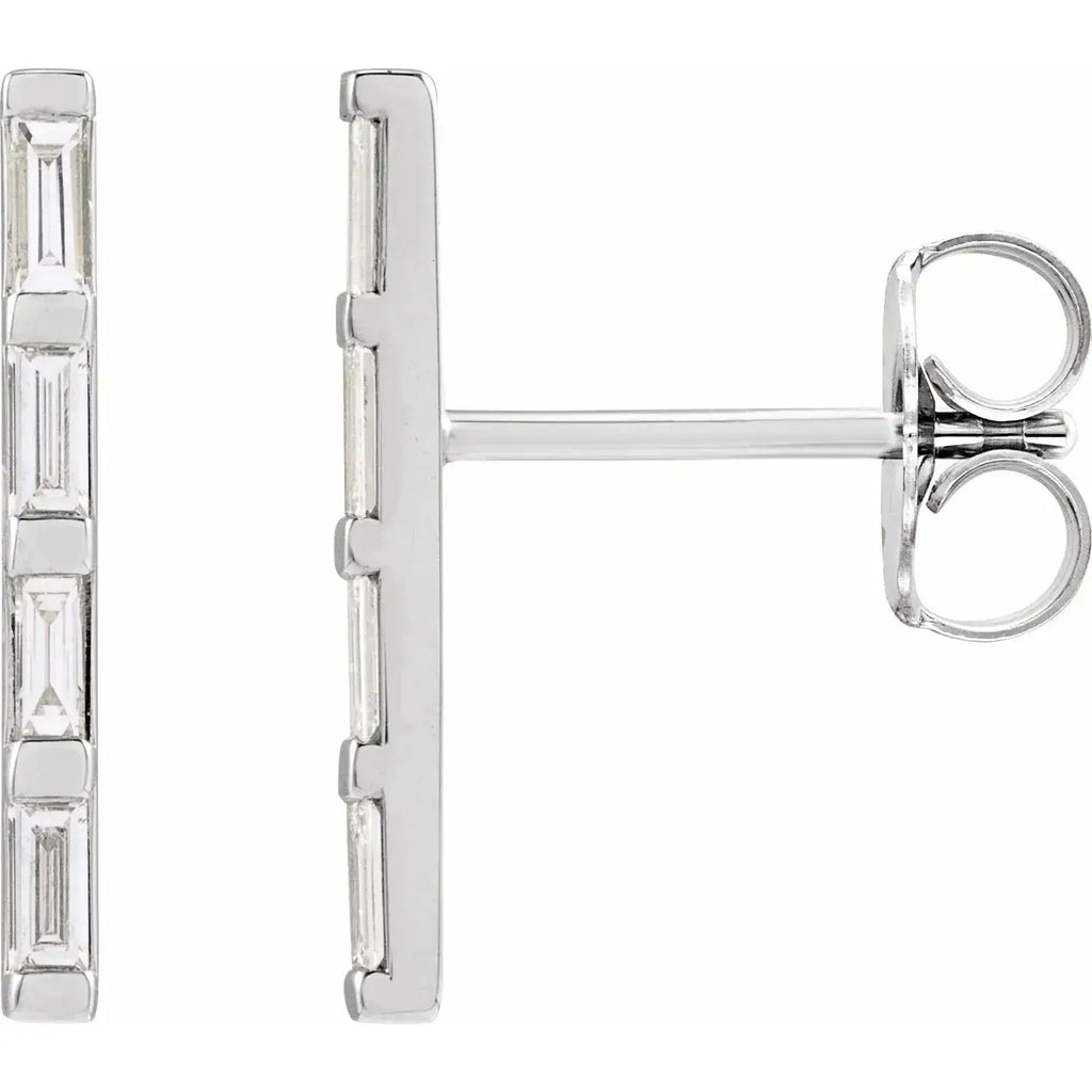 White gold diamond bar earrings with lab-grown baguettes, 14K white gold