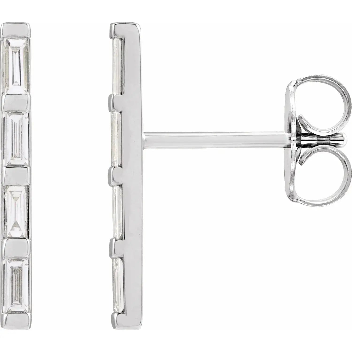 White gold diamond bar earrings with lab-grown baguettes, 14K white gold