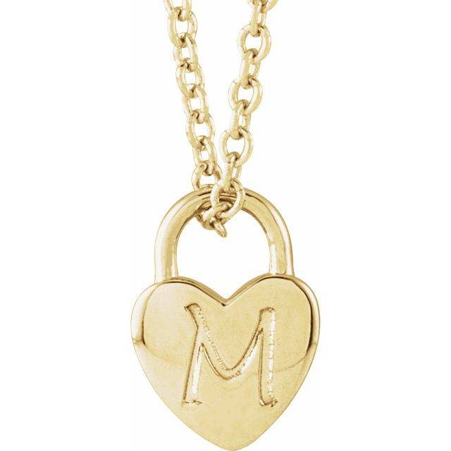 Close-up of 14K gold Heart Lock Necklace with an engravable 8.5mm x 6mm pendant on an adjustable 16-18” chain.