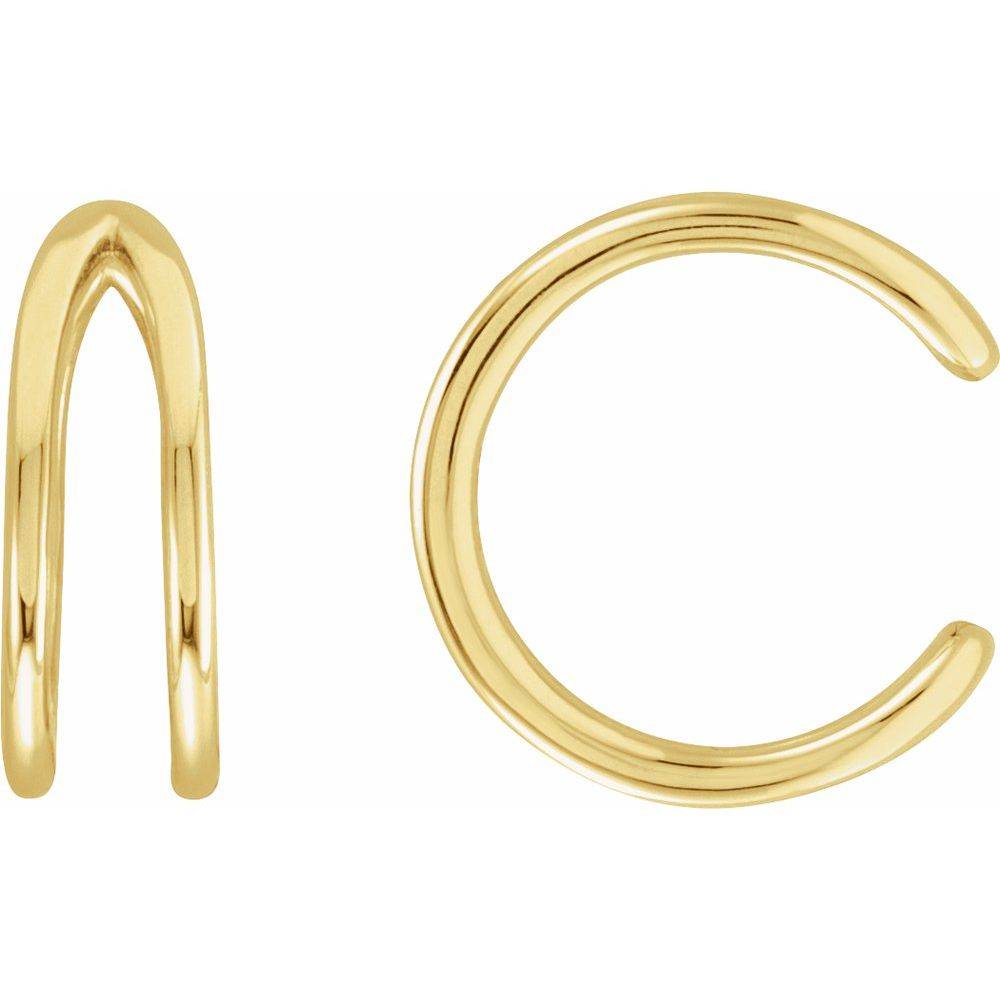 14K gold split huggie earrings, slip-on design (15 mm × 8 mm), high-polish finish, handcrafted in NYC.