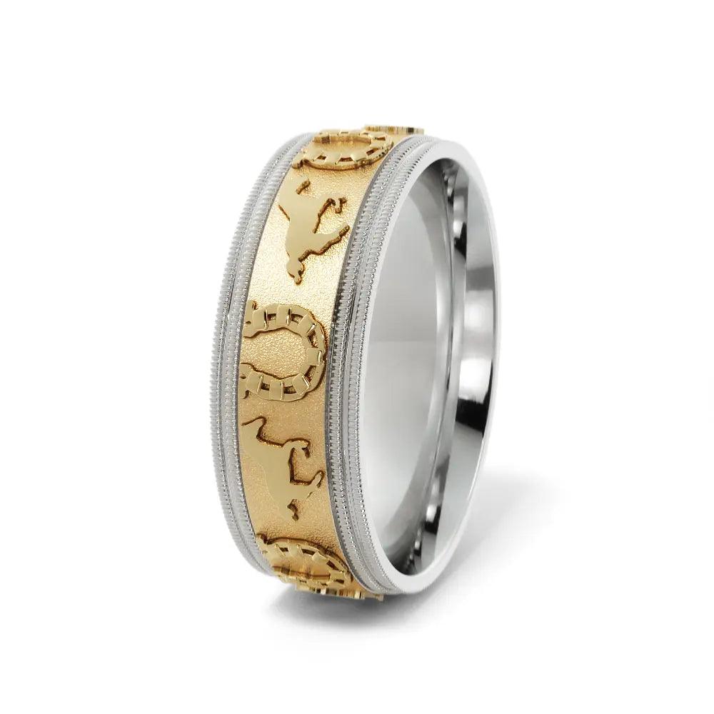 Two-tone horseshoe wedding band with intricate design 6mm