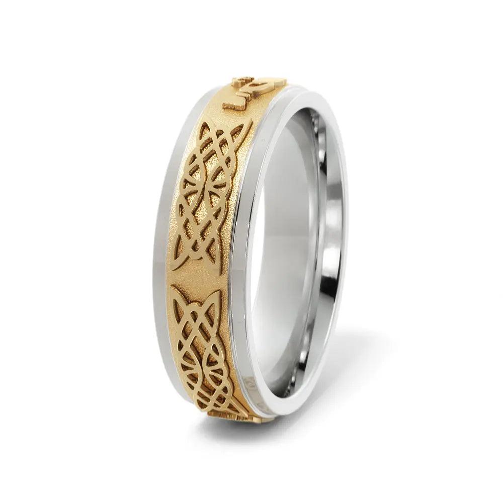 Two-tone gold 6mm wedding band with Claddagh design