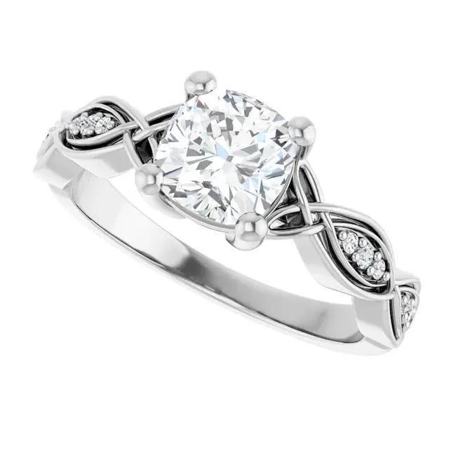 Elegant cushion-cut diamond engagement ring with infinity band design