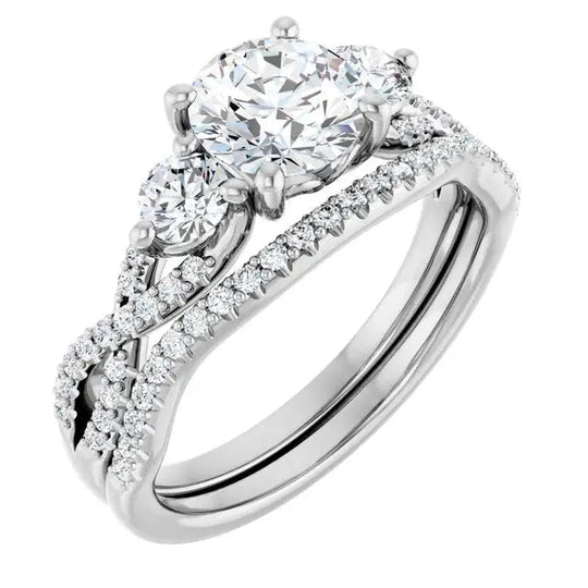 3 stone diamond engagement ring in infinity style by Dimitrios Creations. Features a 1ct round lab-grown diamond with a pavé-set twisted band.