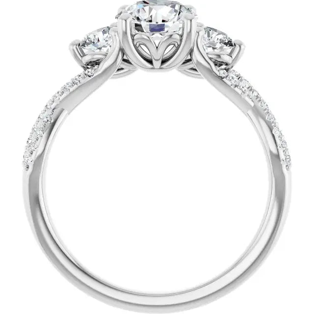 3 stone diamond engagement ring in infinity style by Dimitrios Creations. Features a 1ct round lab-grown diamond with a pavé-set twisted band.