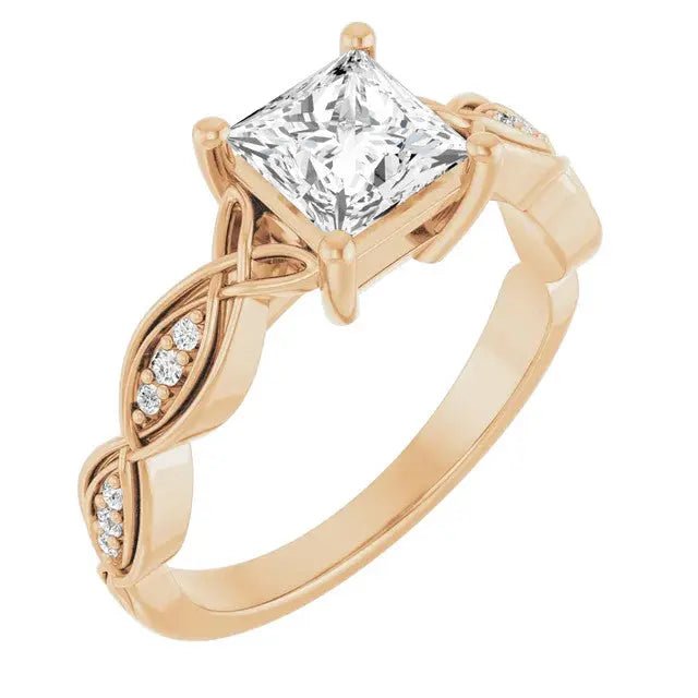 Radiant square diamond ring with infinity band symbolism