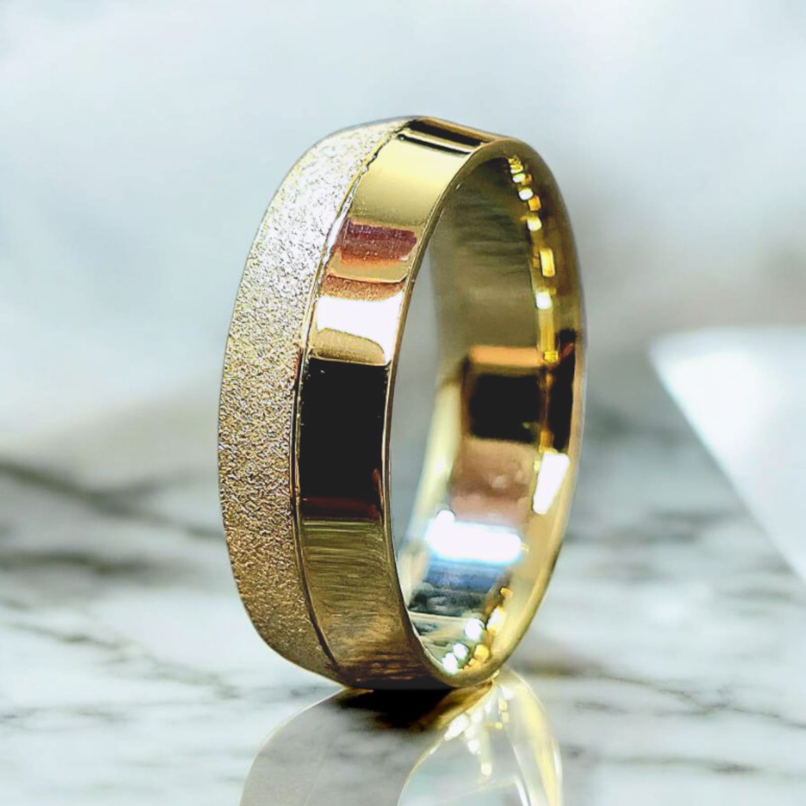 7mm comfort fit knife edge wedding ring in 14K yellow gold, handcrafted