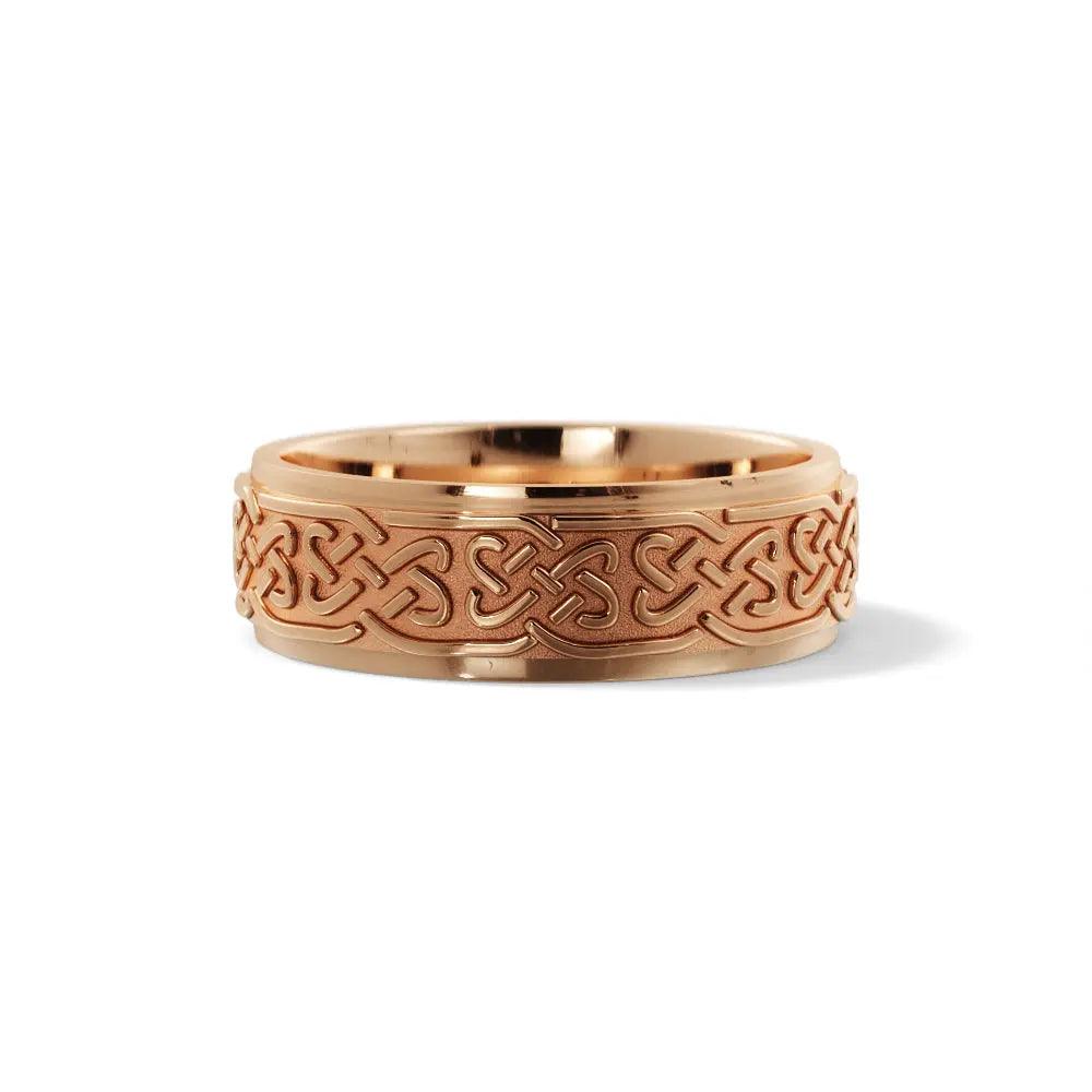 Men's 6mm Love Celtic Wedding Ring crafted in 14K rose gold. Features detailed Celtic love knots and a comfort-fit design for lasting wear.