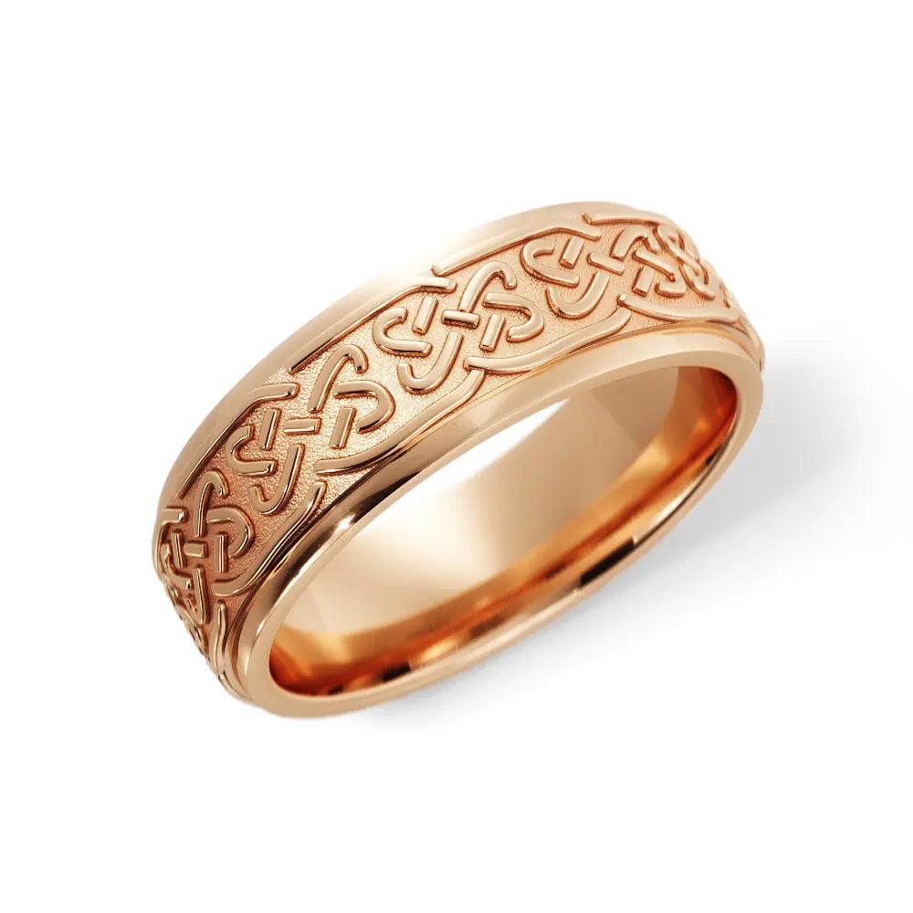 Love Celtic Wedding Ring in 14K rose gold with intricate Celtic love knot design. This 6mm men's wedding band offers a timeless and elegant look.