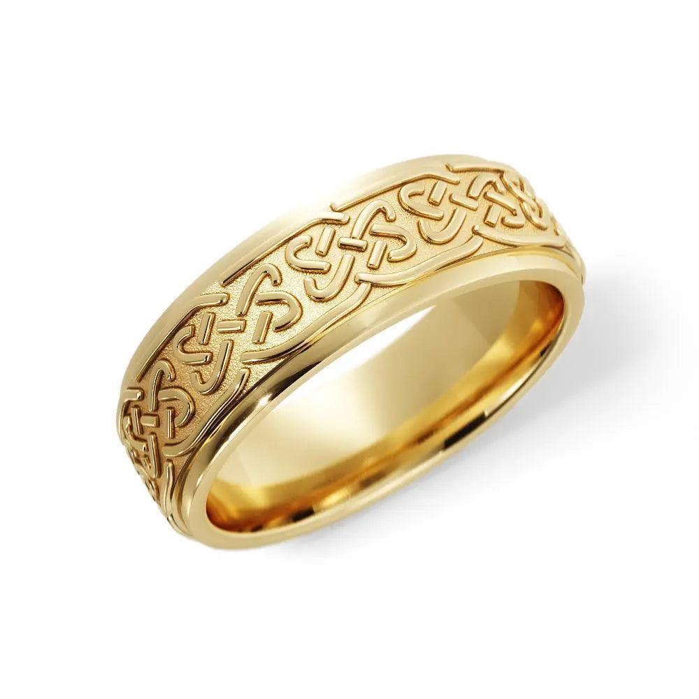 Love Celtic Wedding Ring in 14K yellow gold with intricate Celtic love knot design. This 6mm men's band offers a timeless and elegant look.