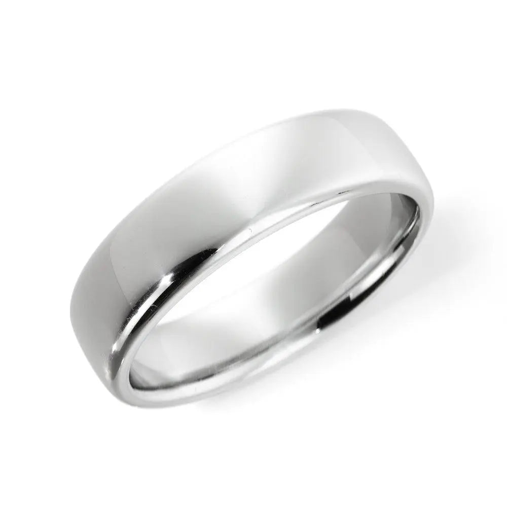Men's and women's platinum wedding band with comfort fit and rounded edge detailing