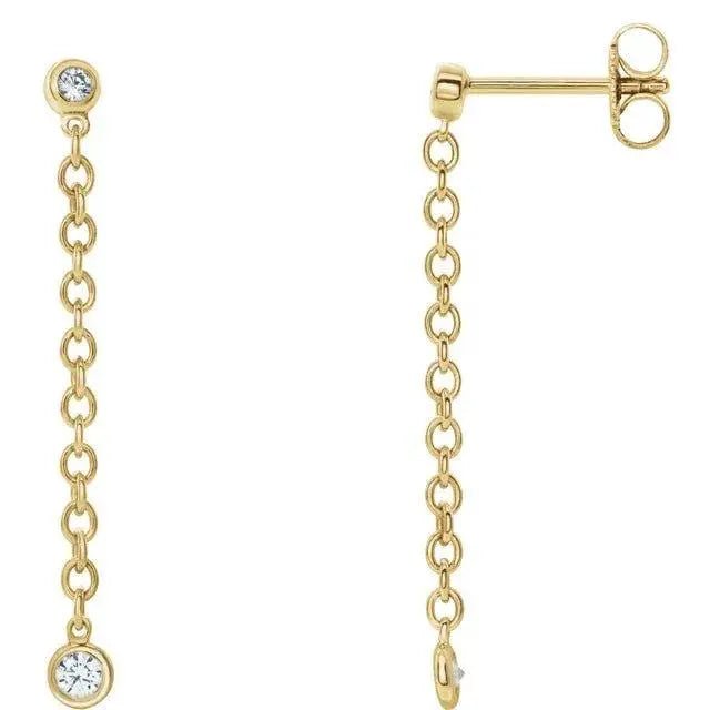 14K gold diamond dangle chain earrings featuring 1/5 carat diamonds