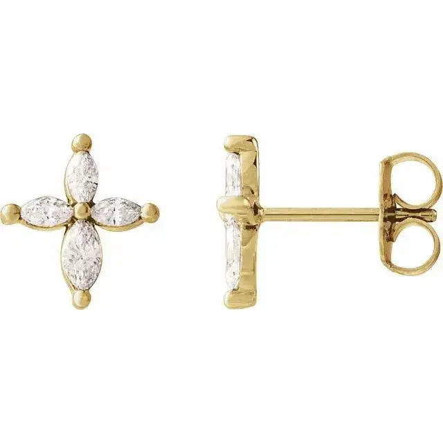 Pair of 14K gold marquise diamond stud earrings (VS clarity, F-G color), handcrafted in NYC.