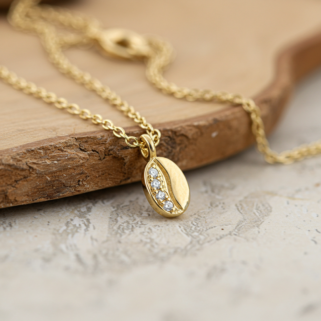 Mini coffee bean necklace in 14K yellow gold with 4 round natural diamonds – handcrafted symbol of daily elegance